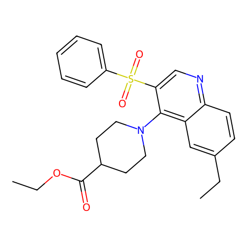Ethyl 1-[3-(benzenesulfonyl)-6-ethylquinolin-4-yl]piperidine-4-carboxylate structure