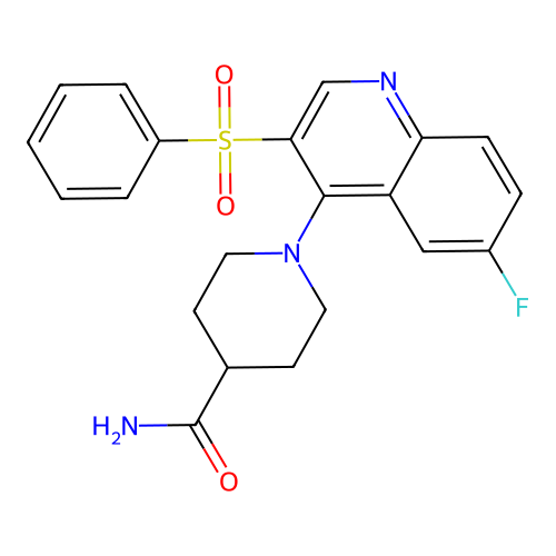 1-[3-(Benzenesulfonyl)-6-fluoroquinolin-4-yl]piperidine-4-carboxamide structure