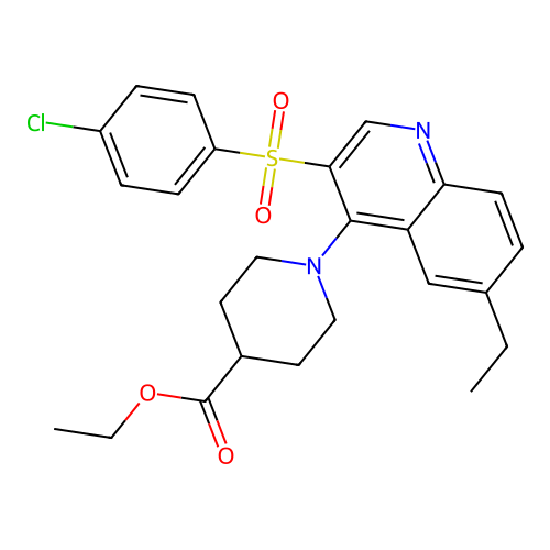 ethyl 1-[3-(4-chlorobenzenesulfonyl)-6-ethylquinolin-4-yl]piperidine-4-carboxylate structure