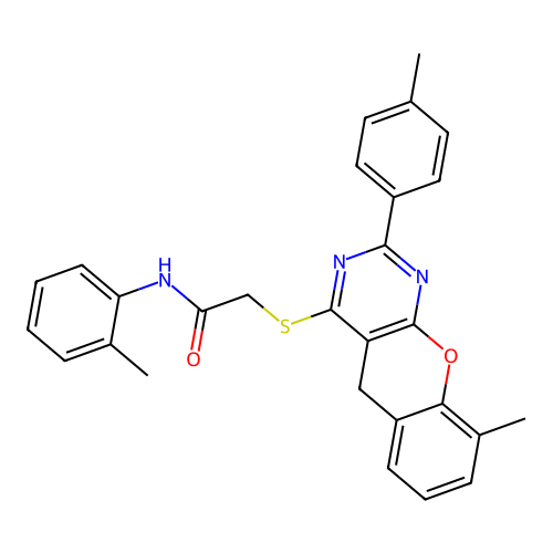 2-{[9-methyl-2-(4-methylphenyl)-5H-chromeno[2,3-d]pyrimidin-4-yl]sulfanyl}-N-(2-methylphenyl)acetamide structure