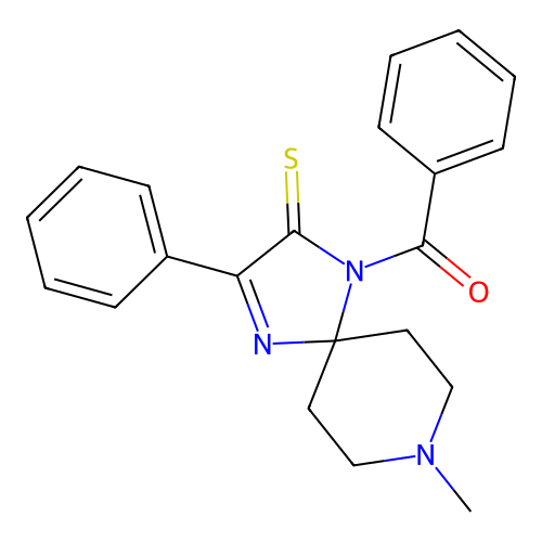 1-benzoyl-8-methyl-3-phenyl-1,4,8-triazaspiro[4.5]dec-3-ene-2-thione structure