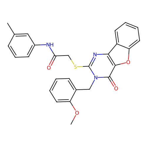 2-({5-[(2-methoxyphenyl)methyl]-6-oxo-8-oxa-3,5-diazatricyclo[7.4.0.0^{2,7}]trideca-1(9),2(7),3,10,12-pentaen-4-yl}sulfanyl)-N-(3-methylphenyl)acetamide structure