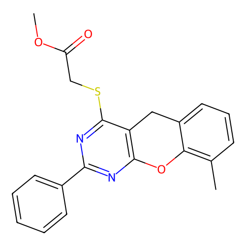 Methyl 2-({9-methyl-2-phenyl-5H-chromeno[2,3-D]pyrimidin-4-YL}sulfanyl)acetate structure