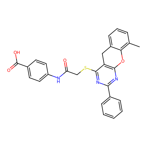 4-[2-({9-METHYL-2-PHENYL-5H-CHROMENO[2,3-D]PYRIMIDIN-4-YL}SULFANYL)ACETAMIDO]BENZOIC ACID structure