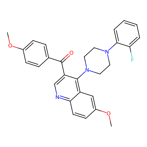 4-[4-(2-fluorophenyl)piperazin-1-yl]-6-methoxy-3-(4-methoxybenzoyl)quinoline structure