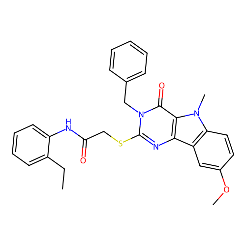 2-({3-benzyl-8-methoxy-5-methyl-4-oxo-3H,4H,5H-pyrimido[5,4-b]indol-2-yl}sulfanyl)-N-(2-ethylphenyl)acetamide structure