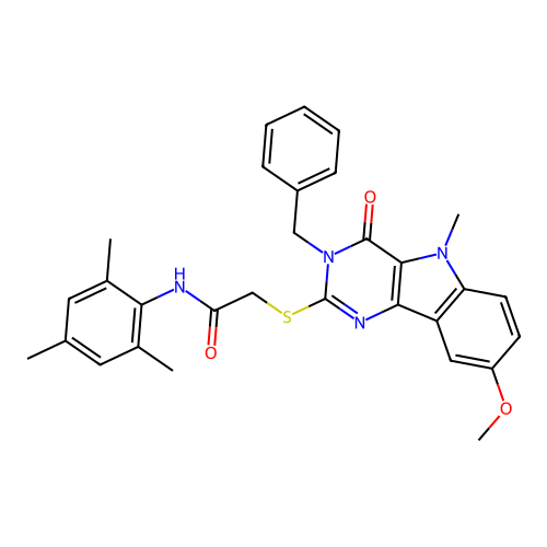 2-({3-benzyl-8-methoxy-5-methyl-4-oxo-3H,4H,5H-pyrimido[5,4-b]indol-2-yl}sulfanyl)-N-(2,4,6-trimethylphenyl)acetamide structure