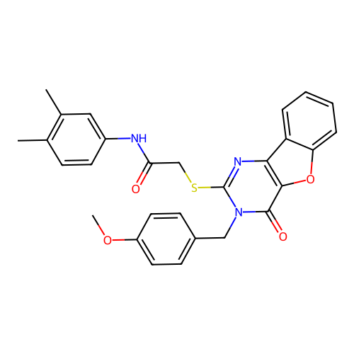 N-(3,4-dimethylphenyl)-2-({5-[(4-methoxyphenyl)methyl]-6-oxo-8-oxa-3,5-diazatricyclo[7.4.0.0^{2,7}]trideca-1(9),2(7),3,10,12-pentaen-4-yl}sulfanyl)acetamide structure