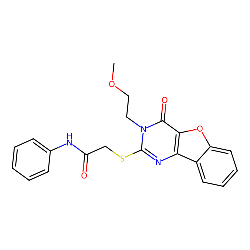 2-{[5-(2-methoxyethyl)-6-oxo-8-oxa-3,5-diazatricyclo[7.4.0.0^{2,7}]trideca-1(9),2(7),3,10,12-pentaen-4-yl]sulfanyl}-N-phenylacetamide structure