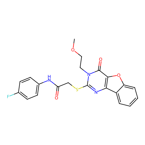 N-(4-fluorophenyl)-2-{[5-(2-methoxyethyl)-6-oxo-8-oxa-3,5-diazatricyclo[7.4.0.0^{2,7}]trideca-1(9),2(7),3,10,12-pentaen-4-yl]sulfanyl}acetamide structure