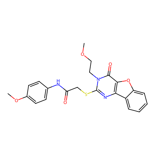 2-[[3-(2-methoxyethyl)-4-oxo-[1]benzofuro[3,2-d]pyrimidin-2-yl]sulfanyl]-N-(4-methoxyphenyl)acetamide structure