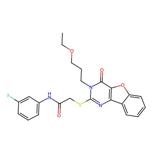 2-{[3-(3-ethoxypropyl)-4-oxo-3,4-dihydro[1]benzofuro[3,2-d]pyrimidin-2-yl]sulfanyl}-N-(3-fluorophenyl)acetamide structure