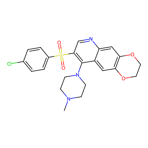 1-[8-(4-chlorobenzenesulfonyl)-2H,3H-[1,4]dioxino[2,3-g]quinolin-9-yl]-4-methylpiperazine structure