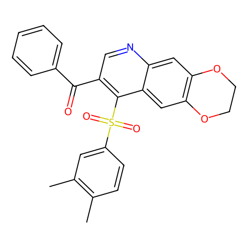 8-benzoyl-9-(3,4-dimethylbenzenesulfonyl)-2H,3H-[1,4]dioxino[2,3-g]quinoline structure