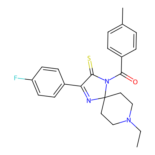 8-ethyl-3-(4-fluorophenyl)-1-(4-methylbenzoyl)-1,4,8-triazaspiro[4.5]dec-3-ene-2-thione structure