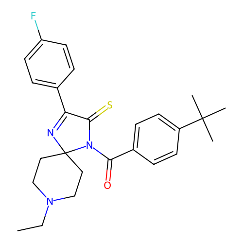 1-(4-tert-butylbenzoyl)-8-ethyl-3-(4-fluorophenyl)-1,4,8-triazaspiro[4.5]dec-3-ene-2-thione structure