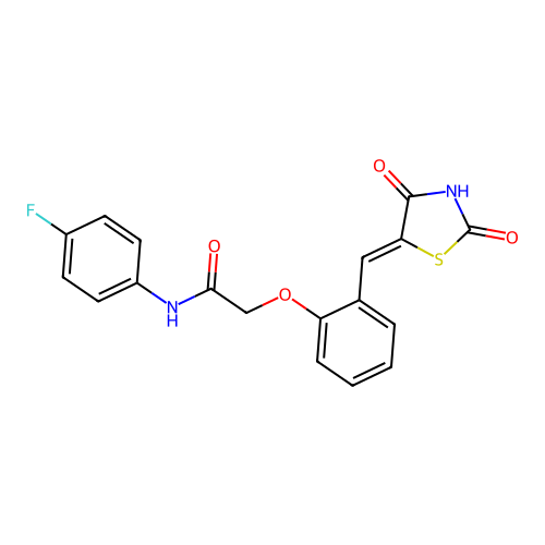 2-[2-[(Z)-(2,4-dioxo-1,3-thiazolidin-5-ylidene)methyl]phenoxy]-N-(4-fluorophenyl)acetamide structure
