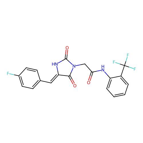 2-[(4Z)-4-[(4-fluorophenyl)methylidene]-2,5-dioxoimidazolidin-1-yl]-N-[2-(trifluoromethyl)phenyl]acetamide structure