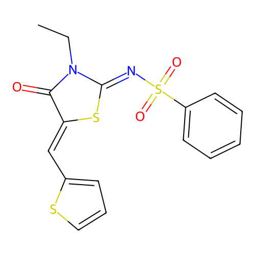 N-[(2E,5Z)-3-ethyl-4-oxo-5-[(thiophen-2-yl)methylidene]-1,3-thiazolidin-2-ylidene]benzenesulfonamide structure