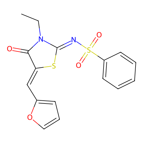 N-[(2E,5Z)-3-ethyl-5-[(furan-2-yl)methylidene]-4-oxo-1,3-thiazolidin-2-ylidene]benzenesulfonamide structure