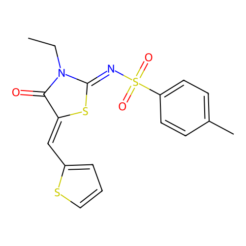 N-[(2E,5Z)-3-ethyl-4-oxo-5-[(thiophen-2-yl)methylidene]-1,3-thiazolidin-2-ylidene]-4-methylbenzene-1-sulfonamide structure