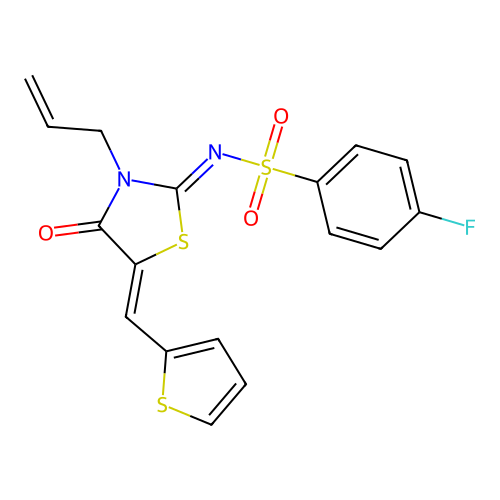 4-fluoro-N-[(2E,5Z)-4-oxo-3-(prop-2-en-1-yl)-5-[(thiophen-2-yl)methylidene]-1,3-thiazolidin-2-ylidene]benzene-1-sulfonamide structure