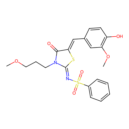 N-[(2E,5Z)-5-[(4-HYDROXY-3-METHOXYPHENYL)METHYLIDENE]-3-(3-METHOXYPROPYL)-4-OXO-1,3-THIAZOLIDIN-2-YLIDENE]BENZENESULFONAMIDE structure