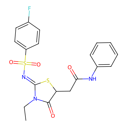 2-[3-ethyl-2-(4-fluorophenyl)sulfonylimino-4-oxo-1,3-thiazolidin-5-yl]-N-phenyl-acetamide structure