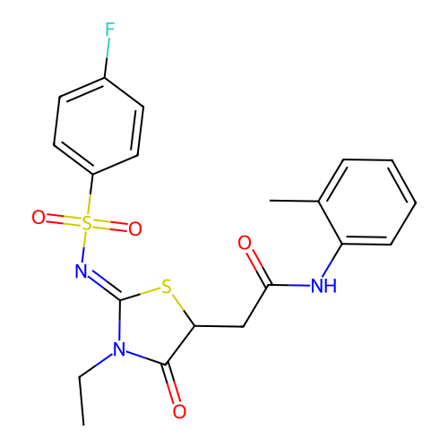 2-[3-ethyl-2-(4-fluorophenyl)sulfonylimino-4-oxo-1,3-thiazolidin-5-yl]-N-(2-methylphenyl)acetamide structure
