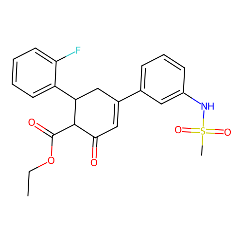 ethyl 6-(2-fluorophenyl)-4-(3-methanesulfonamidophenyl)-2-oxocyclohex-3-ene-1-carboxylate structure