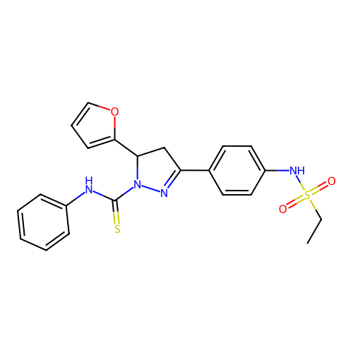 3-(4-(ethylsulfonamido)phenyl)-5-(furan-2-yl)-N-phenyl-4,5-dihydro-1H-pyrazole-1-carbothioamide structure