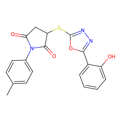 3-{[5-(2-hydroxyphenyl)-1,3,4-oxadiazol-2-yl]thio}-1-(4-methylphenyl)pyrrolidine-2,5-dione structure