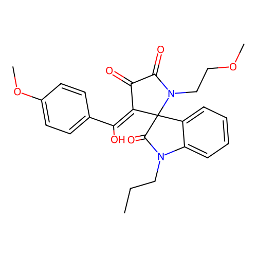 4'-[hydroxy-(4-methoxyphenyl)methylidene]-1'-(2-methoxyethyl)-1-propylspiro[indole-3,5'-pyrrolidine]-2,2',3'-trione structure