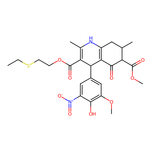 3-[2-(ethylsulfanyl)ethyl] 6-methyl 4-(4-hydroxy-3-methoxy-5-nitrophenyl)-2,7-dimethyl-5-oxo-1,4,5,6,7,8-hexahydroquinoline-3,6-dicarboxylate structure