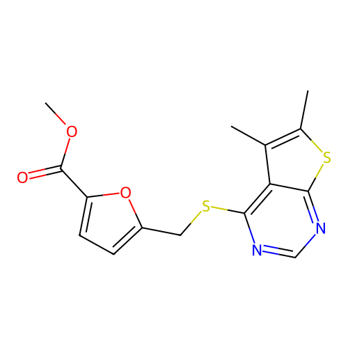 5-[[(5,6-dimethyl-4-thieno[2,3-d]pyrimidinyl)thio]methyl]-2-furancarboxylic acid methyl ester structure