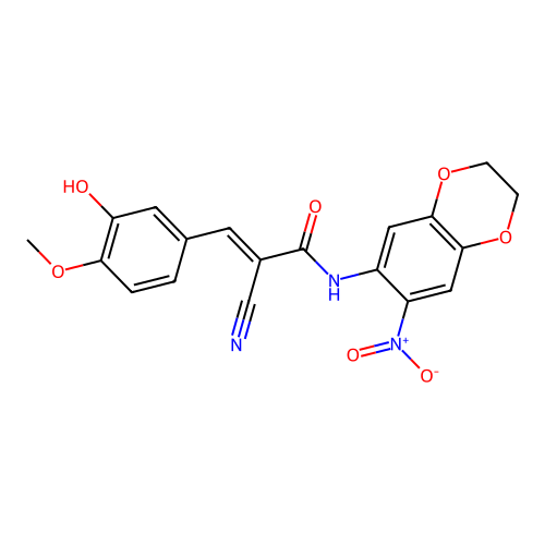 (E)-2-cyano-3-(3-hydroxy-4-methoxyphenyl)-N-(6-nitro-2,3-dihydro-1,4-benzodioxin-7-yl)prop-2-enamide structure