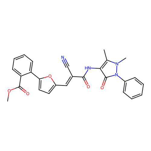 methyl 2-(5-{2-cyano-2-[(1,5-dimethyl-3-oxo-2-phenyl-2,3-dihydro-1H-pyrazol-4-yl)carbamoyl]eth-1-en-1-yl}furan-2-yl)benzoate structure