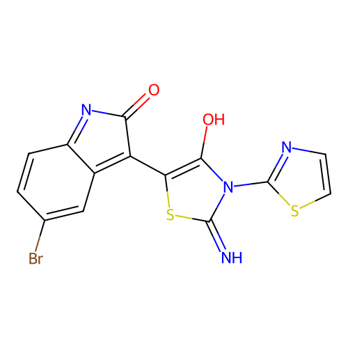 (3Z)-5-bromo-3-[2-imino-4-oxo-3-(1,3-thiazol-2-yl)-1,3-thiazolidin-5-ylidene]-1,3-dihydro-2H-indol-2-one structure