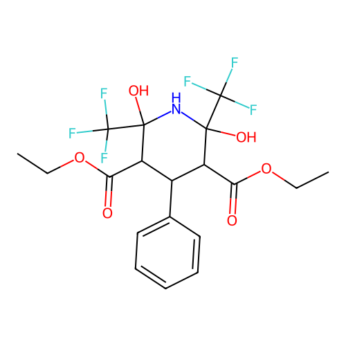 diethyl 2,6-dihydroxy-4-phenyl-2,6-bis(trifluoromethyl)piperidine-3,5-dicarboxylate structure