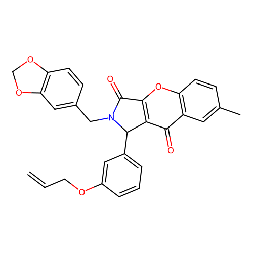 1-[3-(allyloxy)phenyl]-2-(1,3-benzodioxol-5-ylmethyl)-7-methyl-1,2-dihydrochromeno[2,3-c]pyrrole-3,9-dione structure