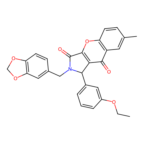 2-(1,3-benzodioxol-5-ylmethyl)-1-(3-ethoxyphenyl)-7-methyl-1,2-dihydrochromeno[2,3-c]pyrrole-3,9-dione structure