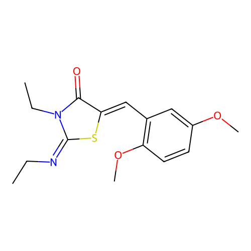 (2Z,5Z)-5-(2,5-dimethoxybenzylidene)-3-ethyl-2-(ethylimino)thiazolidin-4-one structure