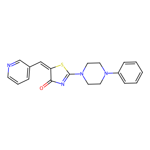 (E)-2-(4-phenylpiperazin-1-yl)-5-(pyridin-3-ylmethylene)thiazol-4(5H)-one structure