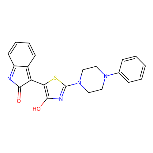 (Z)-5-(2-oxoindolin-3-ylidene)-2-(4-phenylpiperazin-1-yl)thiazol-4(5H)-one structure