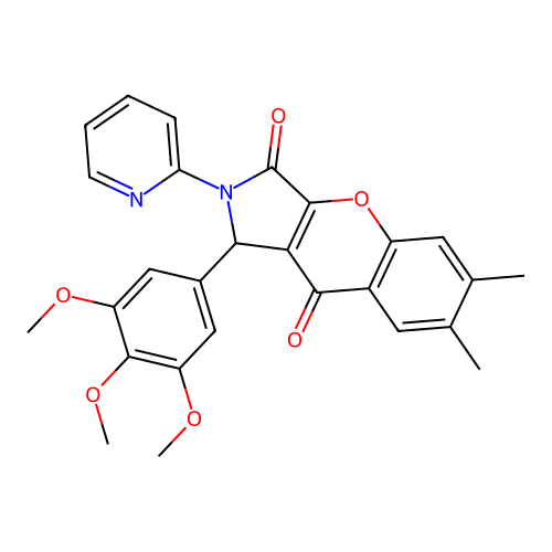 6,7-dimethyl-2-(pyridin-2-yl)-1-(3,4,5-trimethoxyphenyl)-1,2-dihydrochromeno[2,3-c]pyrrole-3,9-dione structure