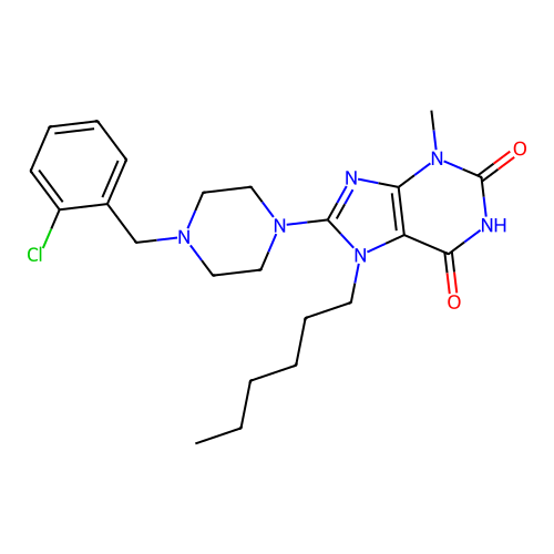 8-(4-(2-chlorobenzyl)piperazin-1-yl)-7-hexyl-3-methyl-1H-purine-2,6(3H,7H)-dione structure