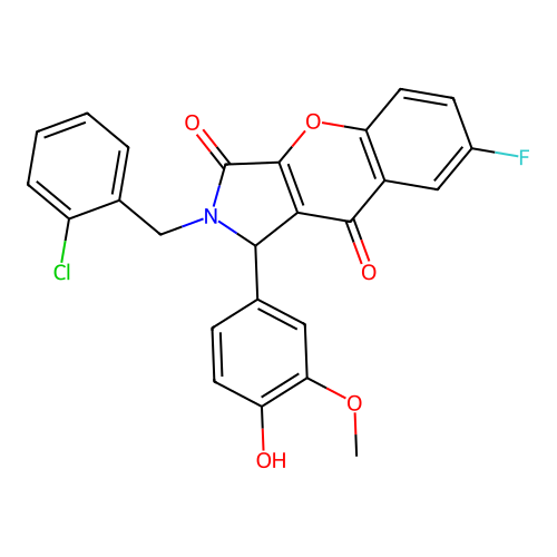 2-(2-chlorobenzyl)-7-fluoro-1-(4-hydroxy-3-methoxyphenyl)-1,2-dihydrochromeno[2,3-c]pyrrole-3,9-dione structure