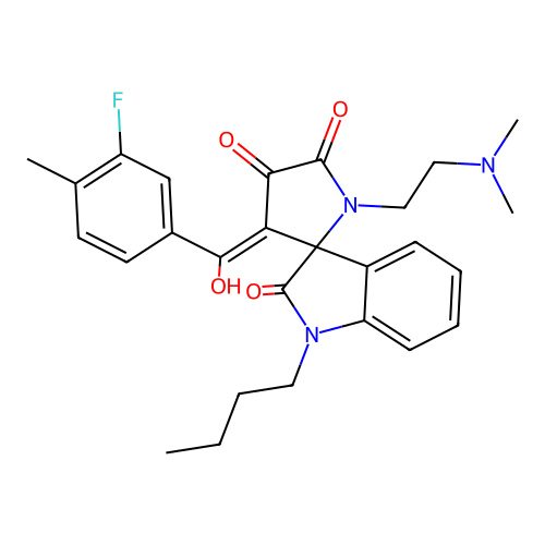 1-butyl-1'-(2-dimethylaminoethyl)-4'-[(3-fluoro-4-methylphenyl)-hydroxymethylidene]spiro[indole-3,5'-pyrrolidine]-2,2',3'-trione structure