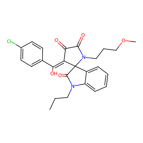 3'-(4-chlorobenzoyl)-4'-hydroxy-1'-(3-methoxypropyl)-1-propyl-1,1',2,5'-tetrahydrospiro[indole-3,2'-pyrrole]-2,5'-dione structure