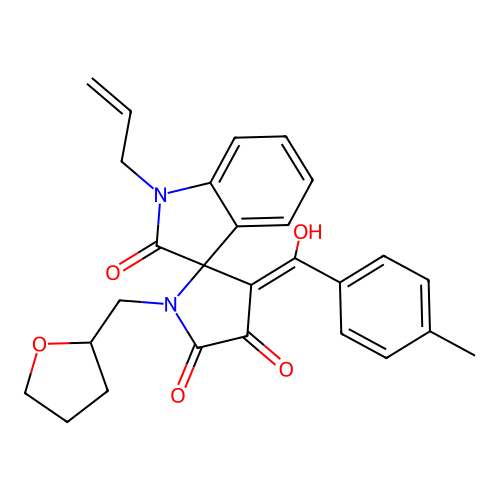 4'-[hydroxy-(4-methylphenyl)methylidene]-1'-(oxolan-2-ylmethyl)-1-prop-2-enylspiro[indole-3,5'-pyrrolidine]-2,2',3'-trione structure
